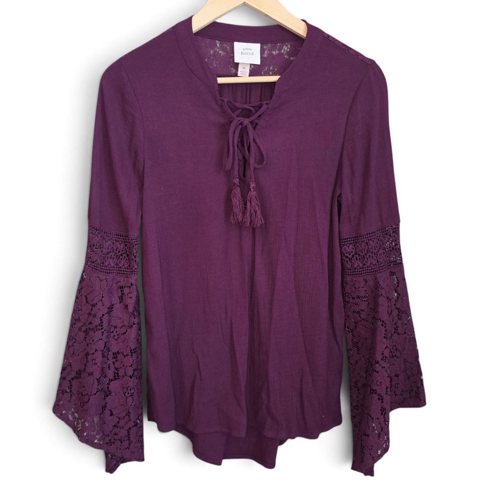 Knox Rose Blouse Womens Medium M Purple Lace Bell Sleeve Tie Front Boho Peasant